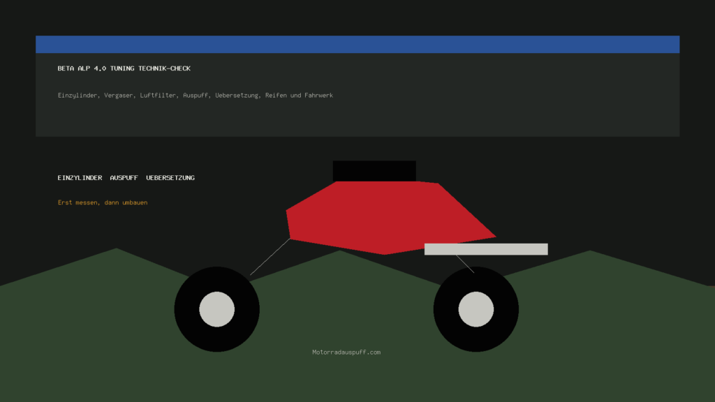 Beta Alp 4.0 Tuning Technik Check fuer Einzylinder, Vergaser, Luftfilter, Auspuff, Uebersetzung, Reifen und Fahrwerk